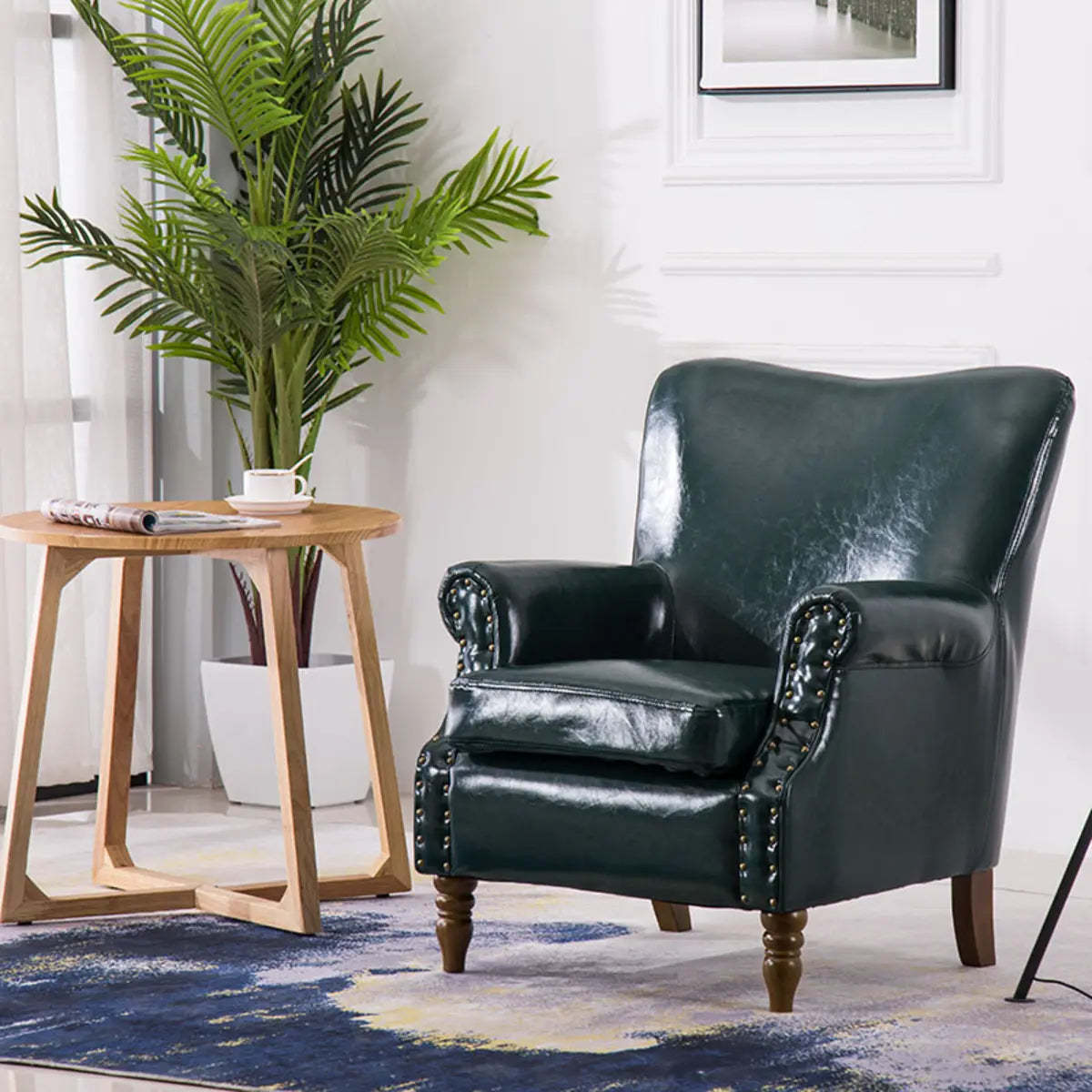 Blackish Green Oiled Leather Flared-Arm Lounge Chair — Yellow / Oiled Leather