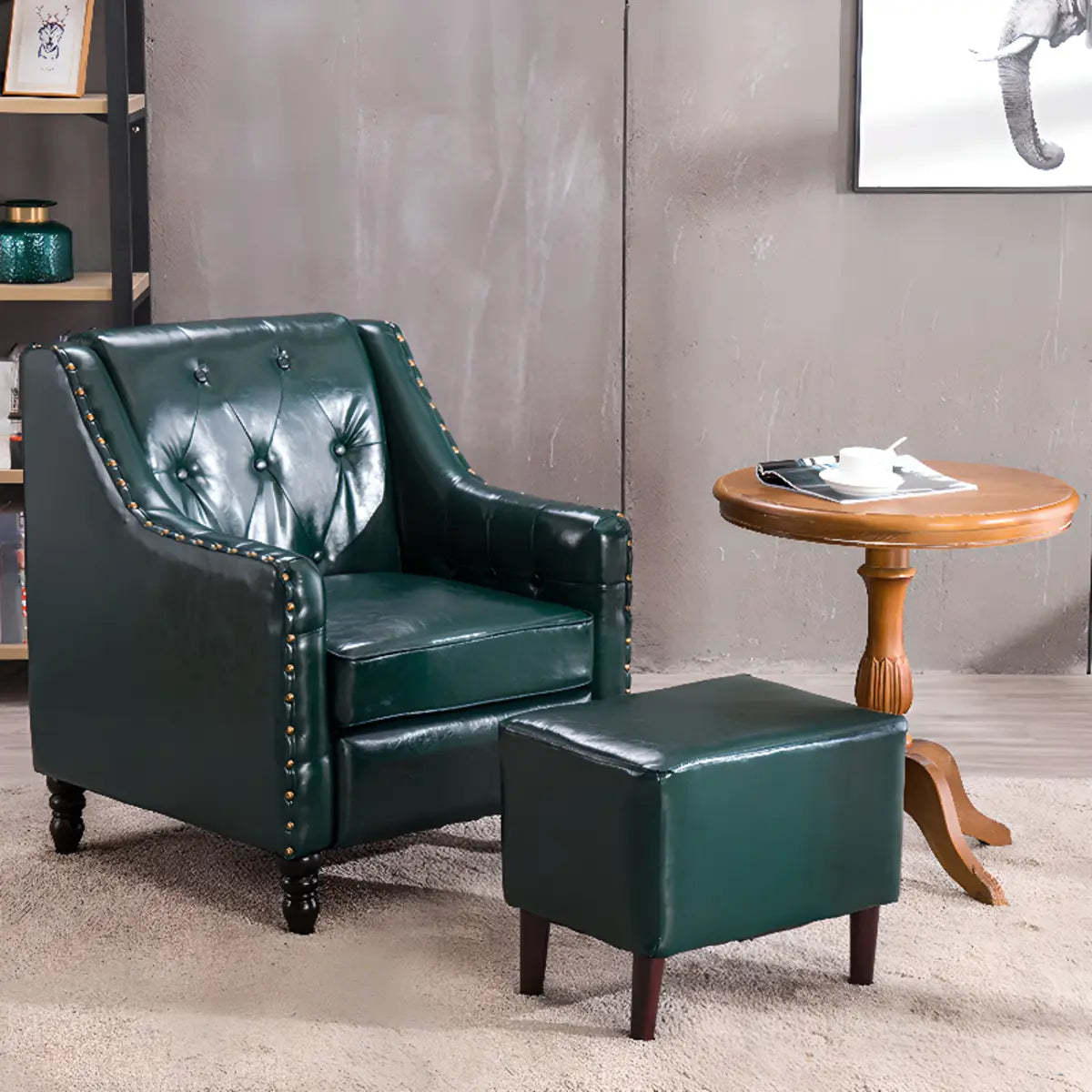 Blackish Green Oiled Leather Flared-Arm Lounge Chair — Bright Yellow / Cotton and Linen