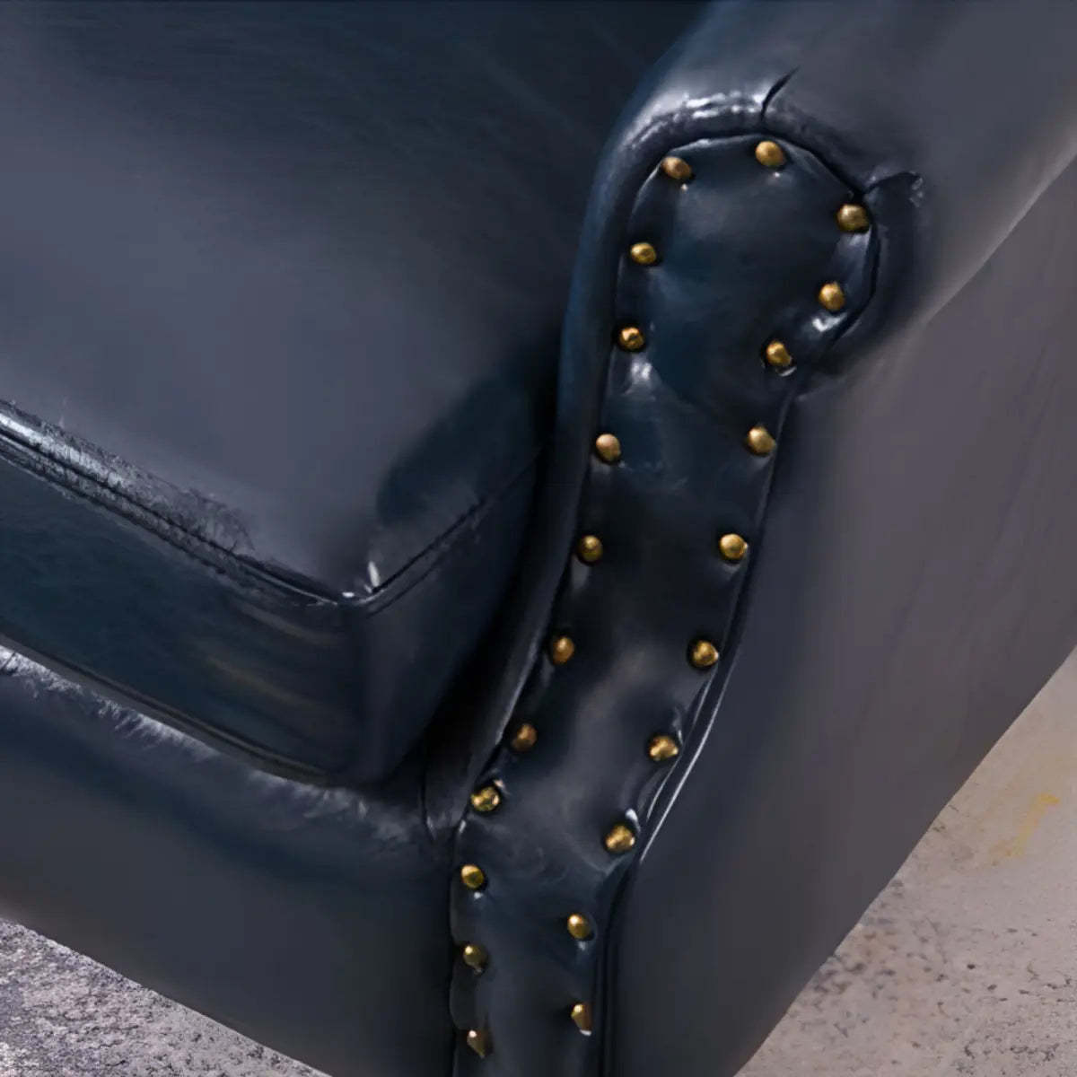 Blackish Green Oiled Leather Flared-Arm Lounge Chair — Dark Blue / Cotton and Linen