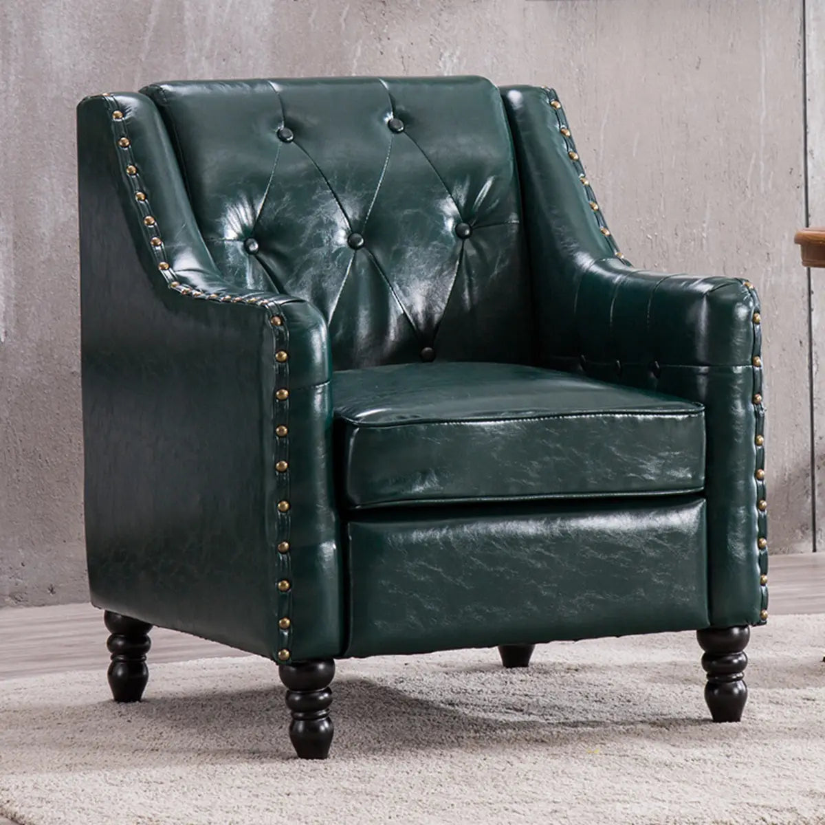 Blackish Green Oiled Leather Flared-Arm Lounge Chair — Grey / Cotton and Linen
