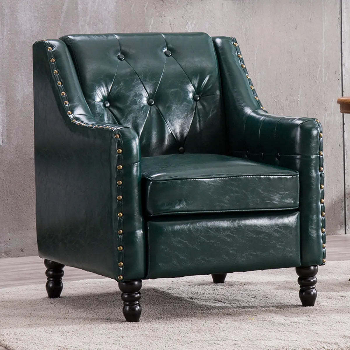 Blackish Green Oiled Leather Flared-Arm Lounge Chair — Grey / Cotton and Linen
