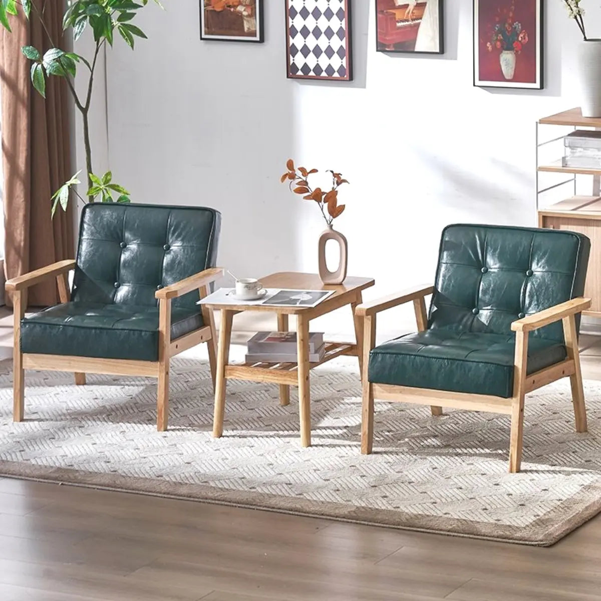 Blackish Green Oiled Leather Tufted Accent Chair — Black / Oiled Leather