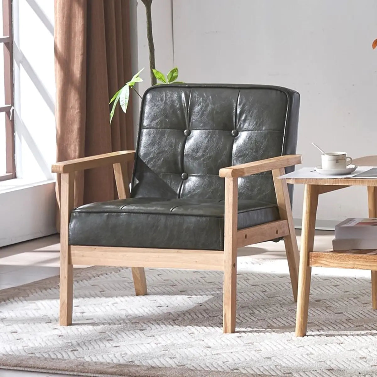 Blackish Green Oiled Leather Tufted Accent Chair — Pink / Oiled Leather