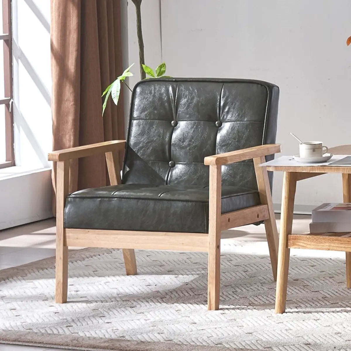 Blackish Green Oiled Leather Tufted Accent Chair — Pink / Oiled Leather