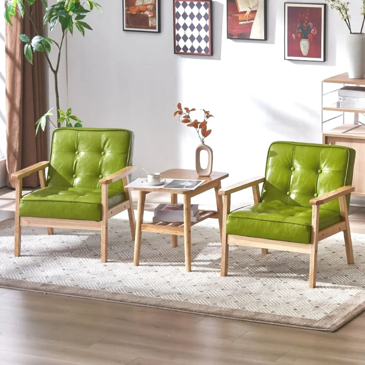 Blackish Green Oiled Leather Tufted Accent Chair — White / Oiled Leather