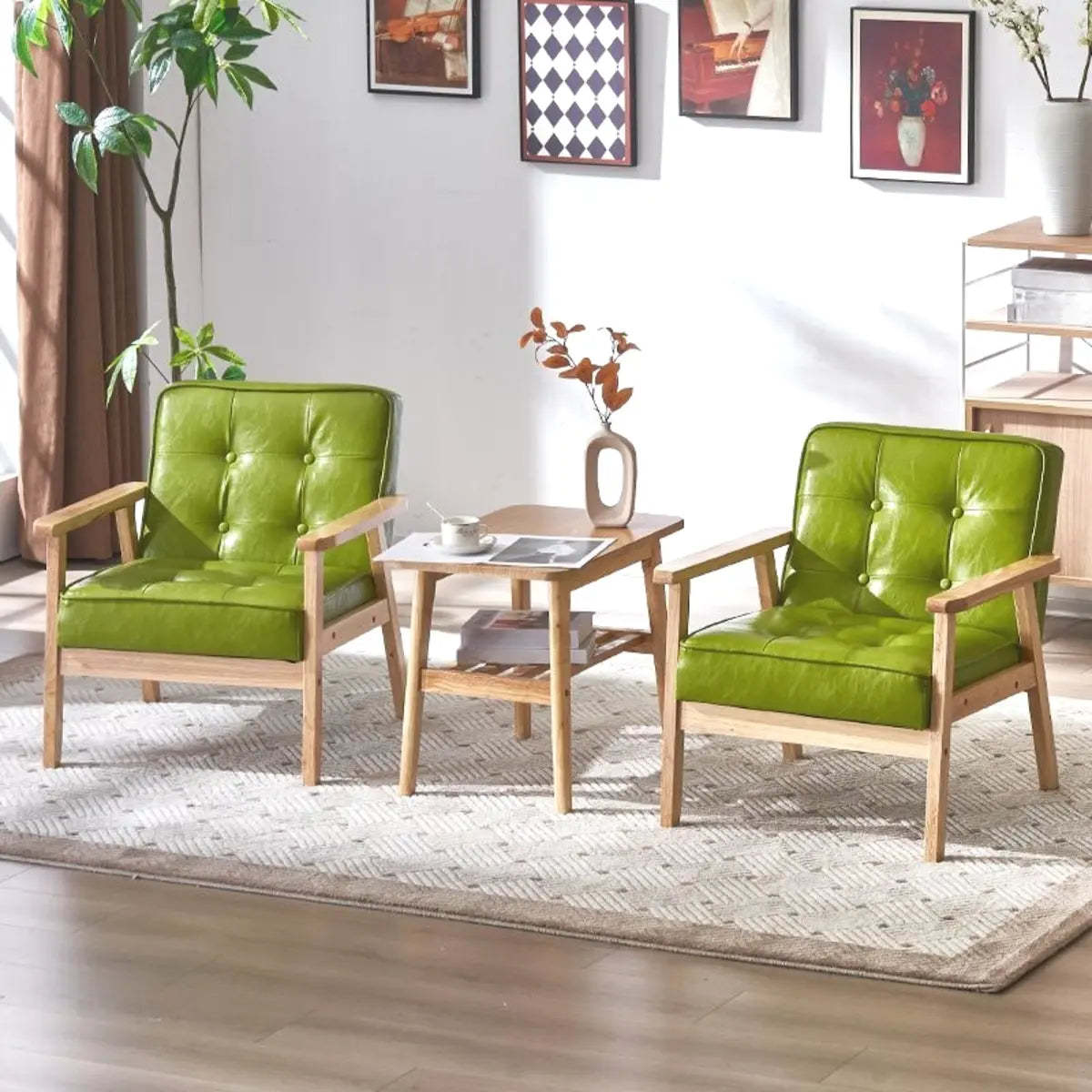 Blackish Green Oiled Leather Tufted Accent Chair — White / Oiled Leather