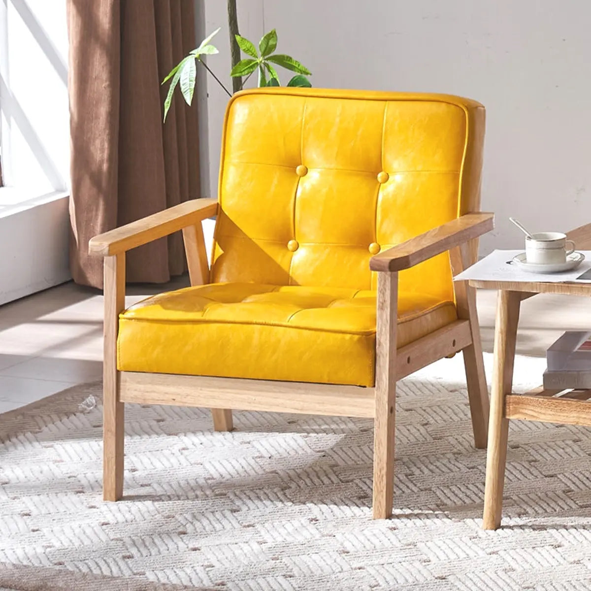 Blackish Green Oiled Leather Tufted Accent Chair — Yellow / Oiled Leather