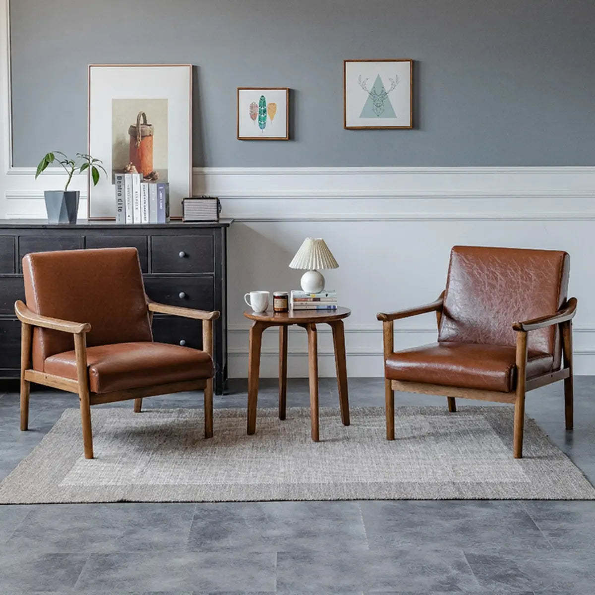 Blackish Green Stain Resistant Oiled Leather Arm Chair — Grey / Linen