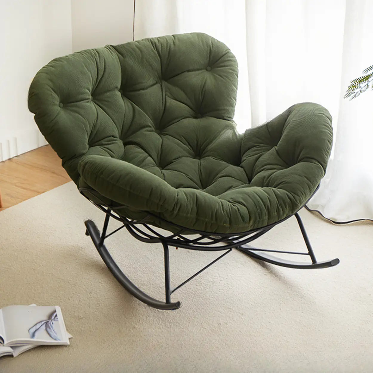 Blackish Green Tufted Metal-Leg Rocking Chair — Blackish Green
