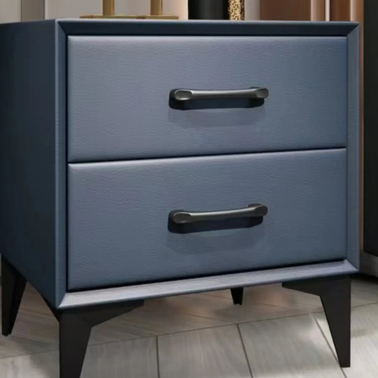 Blue 2-Tier Square Leather Nightstand with Legs