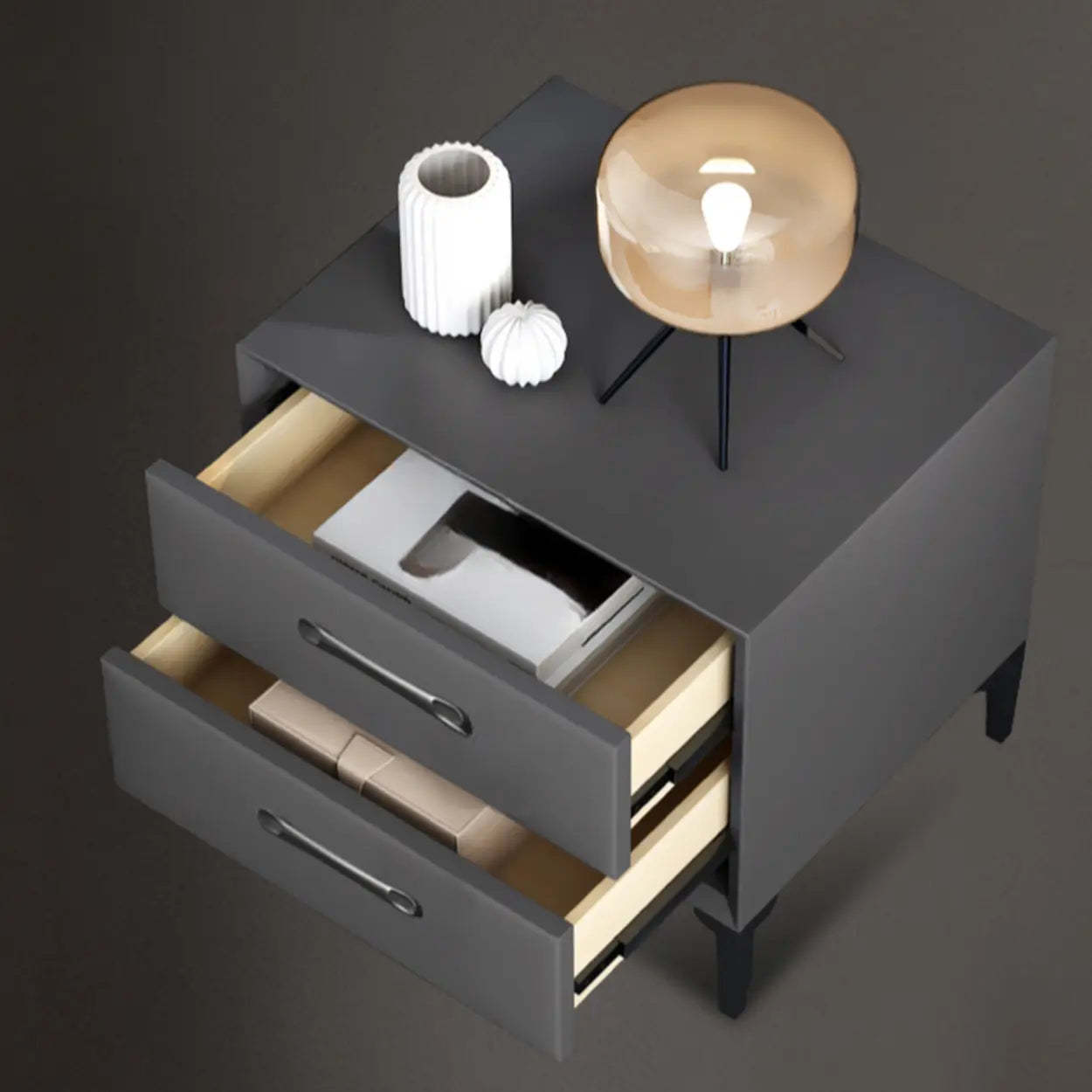 Blue 2-Tier Square Leather Nightstand with Legs — Black
