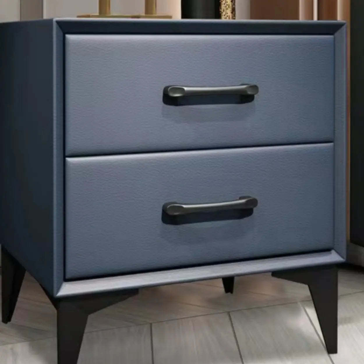 Blue 2-Tier Square Leather Nightstand with Legs — Black