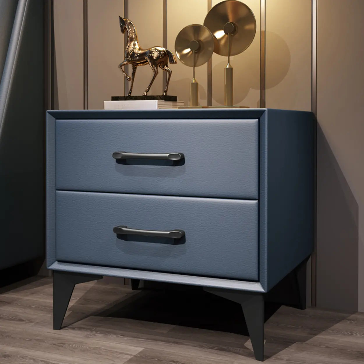 Blue 2-Tier Square Leather Nightstand with Legs — Off-White