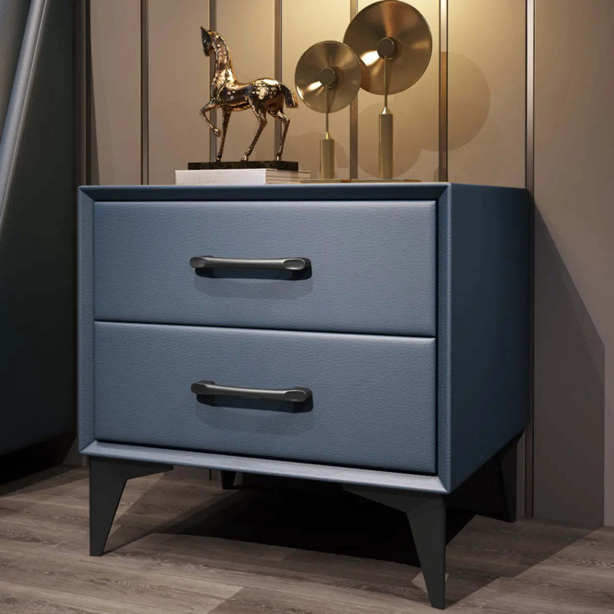 Blue 2-Tier Square Leather Nightstand with Legs — Off-White