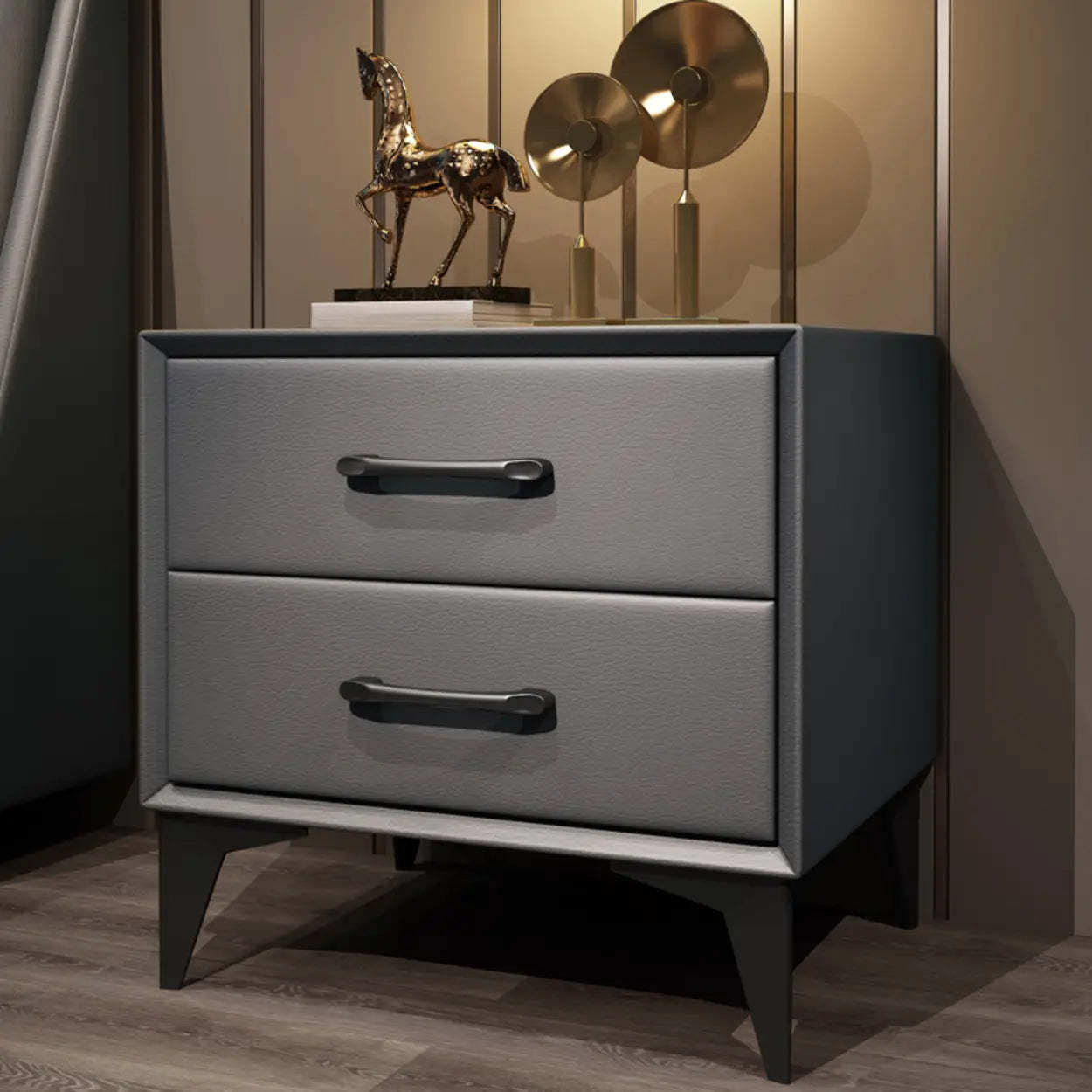 Blue 2-Tier Square Leather Nightstand with Legs — Dark Gray