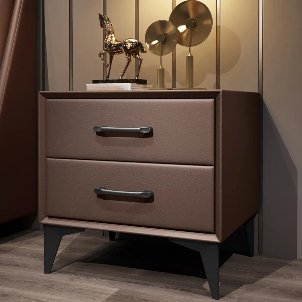 Blue 2-Tier Square Leather Nightstand with Legs — Brown