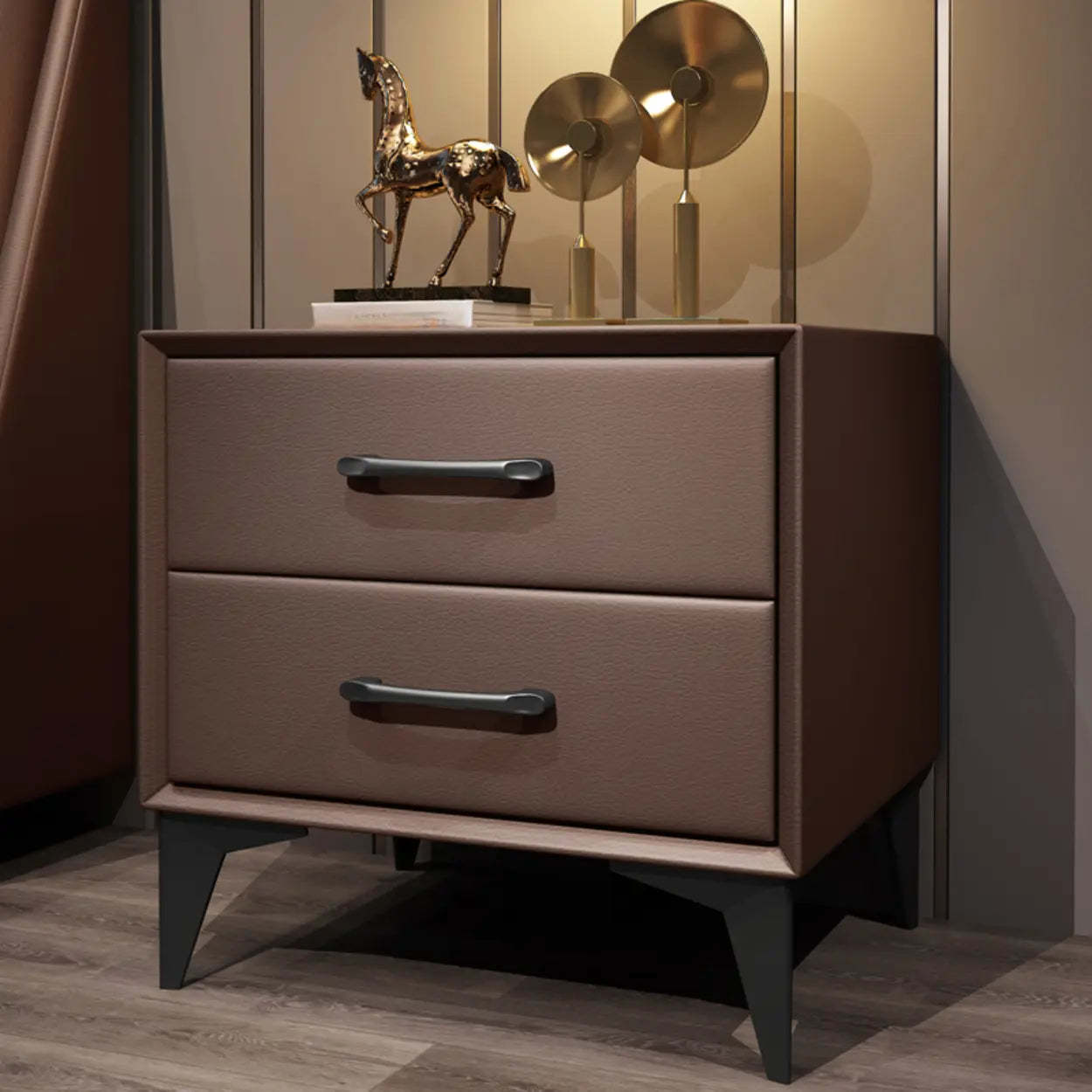Blue 2-Tier Square Leather Nightstand with Legs — Brown