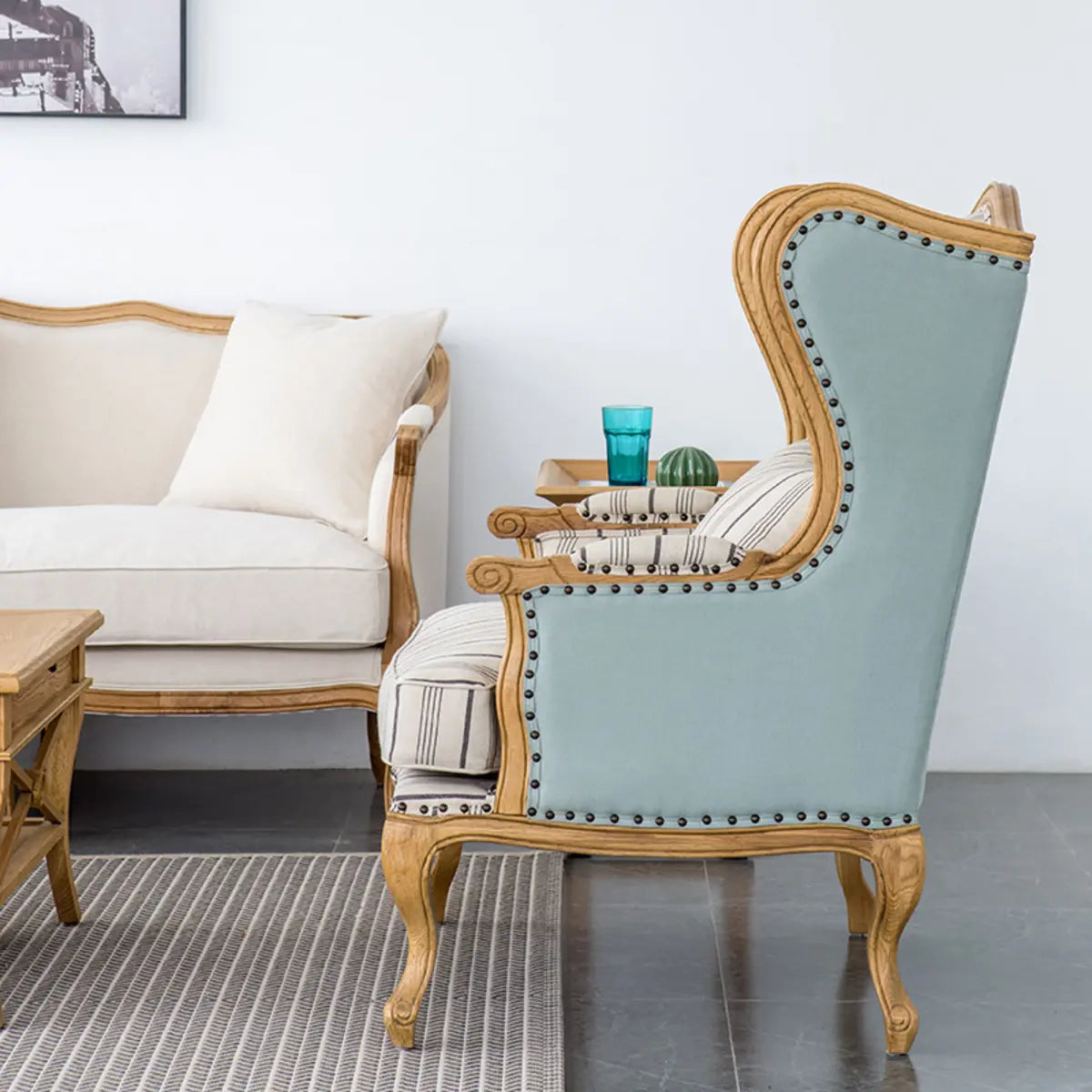 Blue-Beige Pillow Back Wingback Chair
