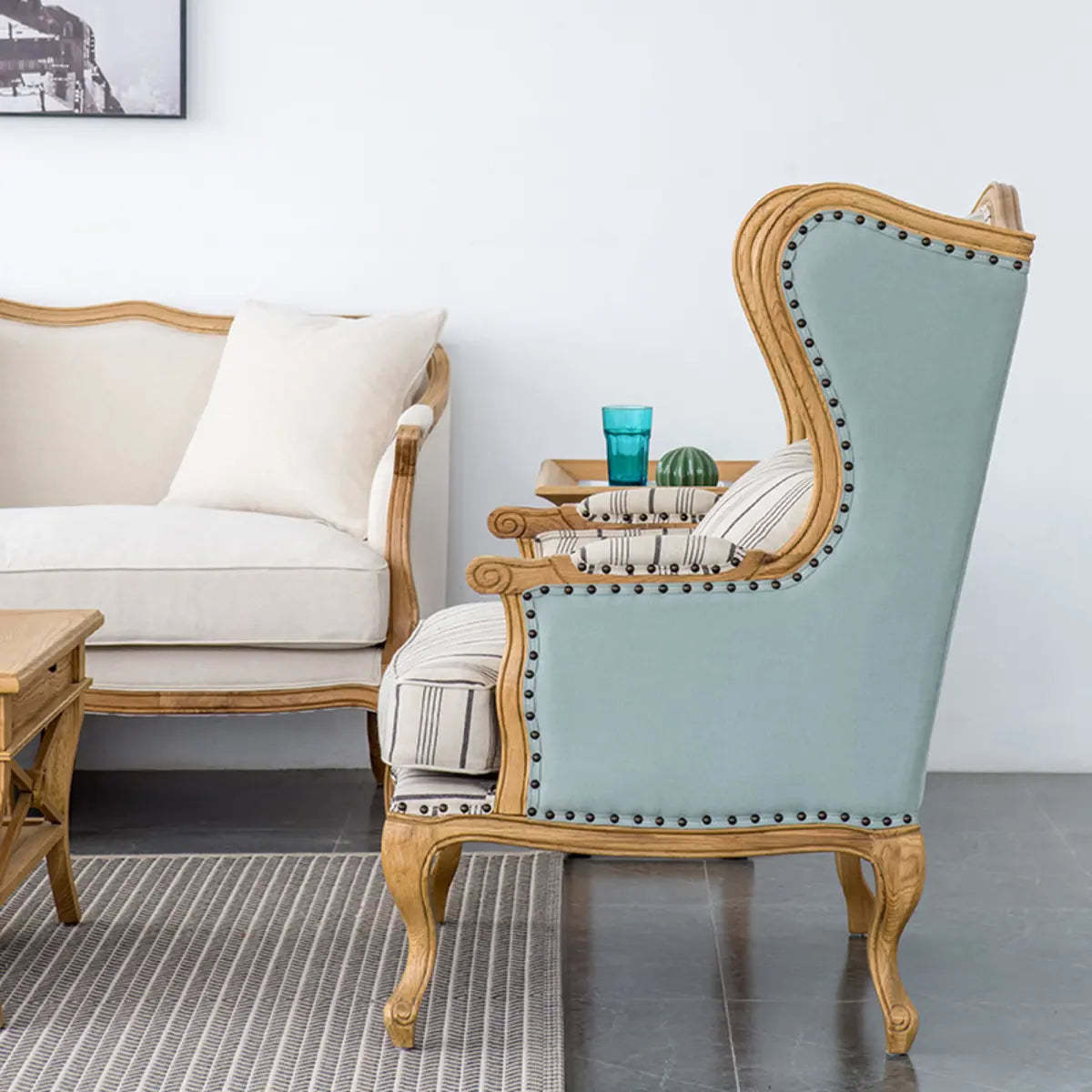 Blue-Beige Pillow Back Wingback Chair — Blue/ Beige / Cotton and Linen