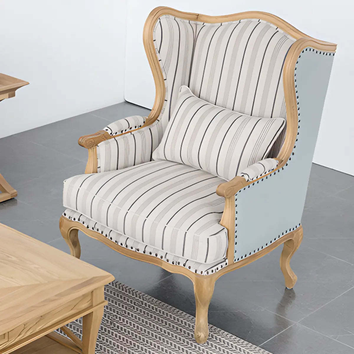 Blue-Beige Pillow Back Wingback Chair — Grey / Cotton and Linen