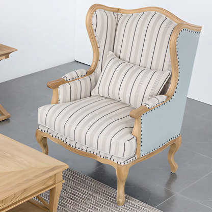Blue-Beige Pillow Back Wingback Chair — Grey / Cotton and Linen