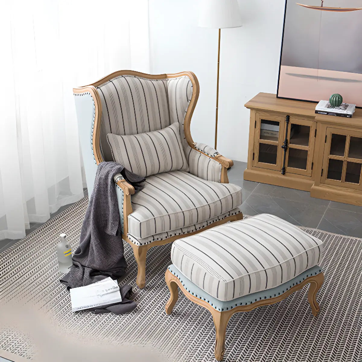 Blue-Beige Pillow Back Wingback Chair