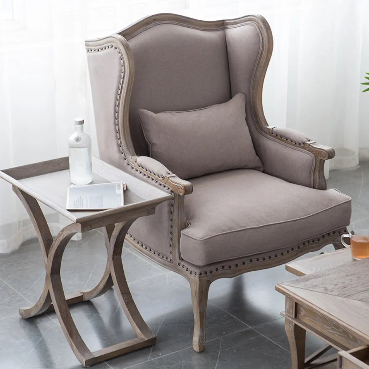 Blue-Beige Pillow Back Wingback Chair