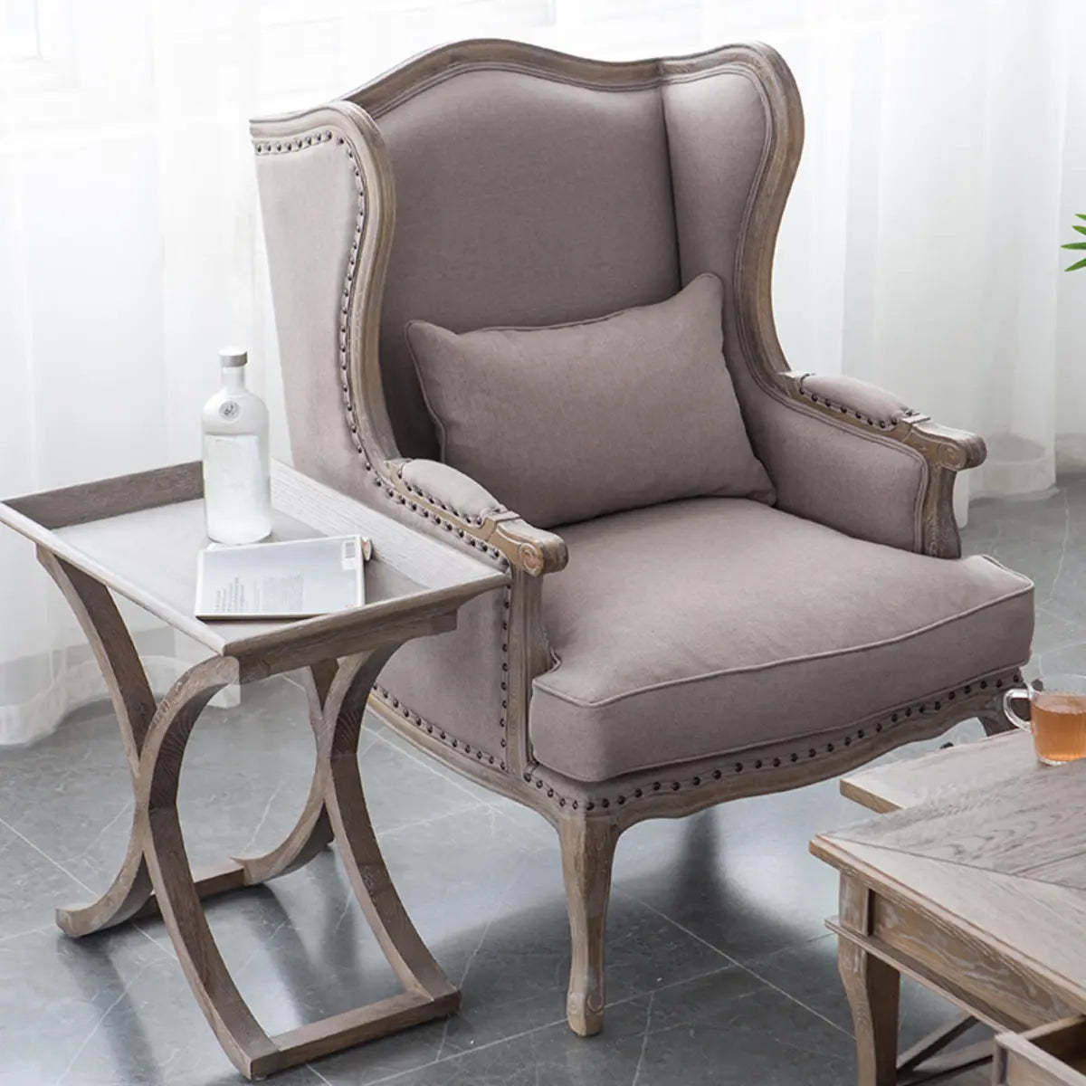 Blue-Beige Pillow Back Wingback Chair