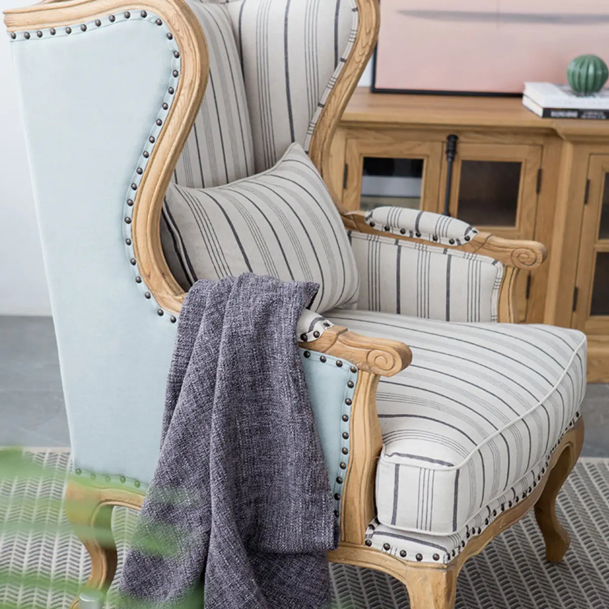 Blue-Beige Pillow Back Wingback Chair