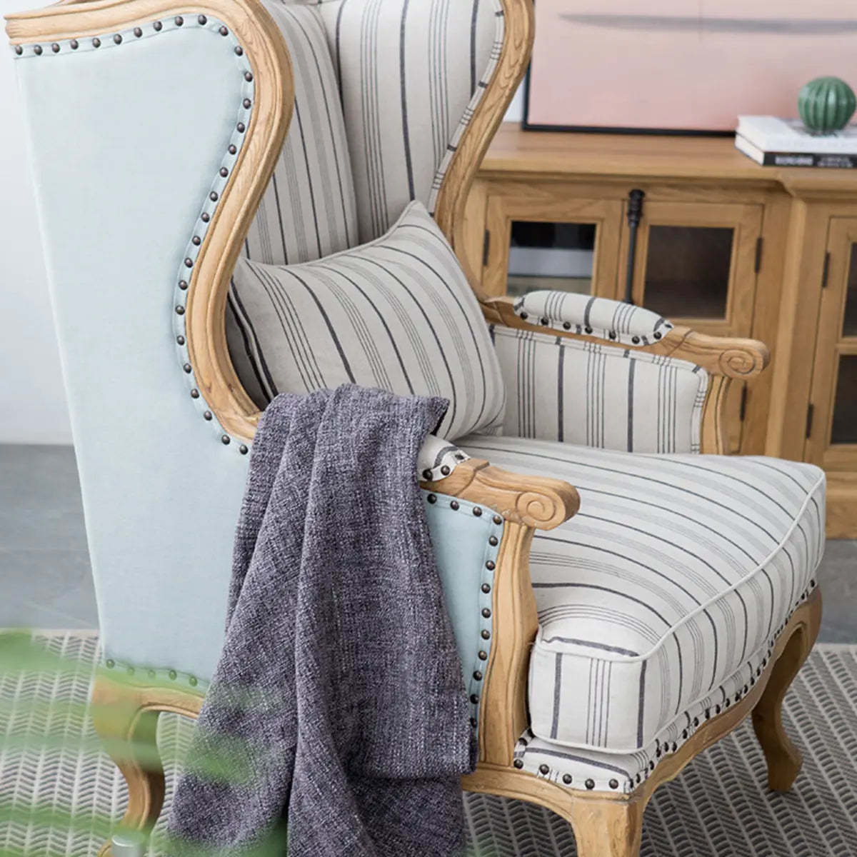 Blue-Beige Pillow Back Wingback Chair