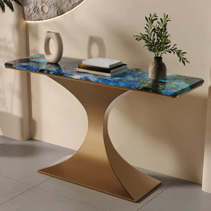Blue-Gold Curved Base Marble Top Console Table — Black