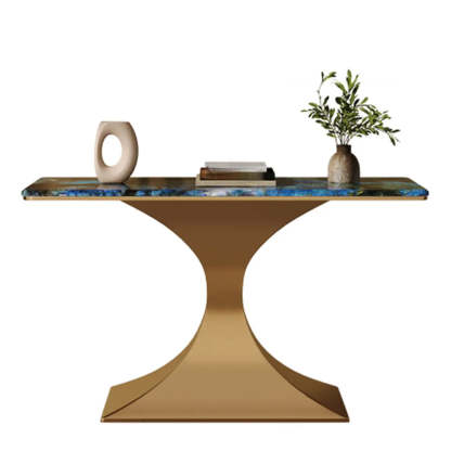 Blue-Gold Curved Base Marble Top Console Table — Gold