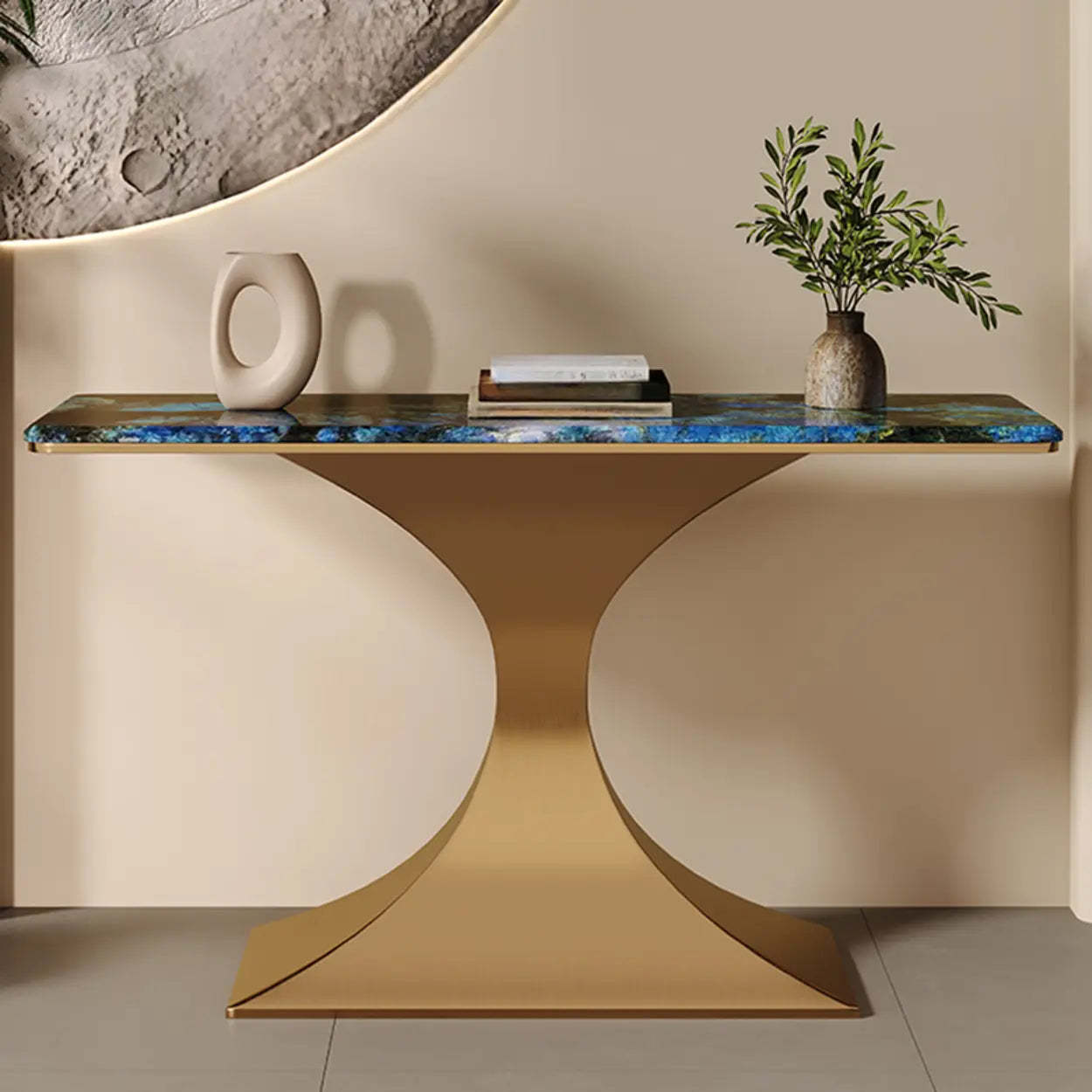 Blue-Gold Curved Base Marble Top Console Table — Gold