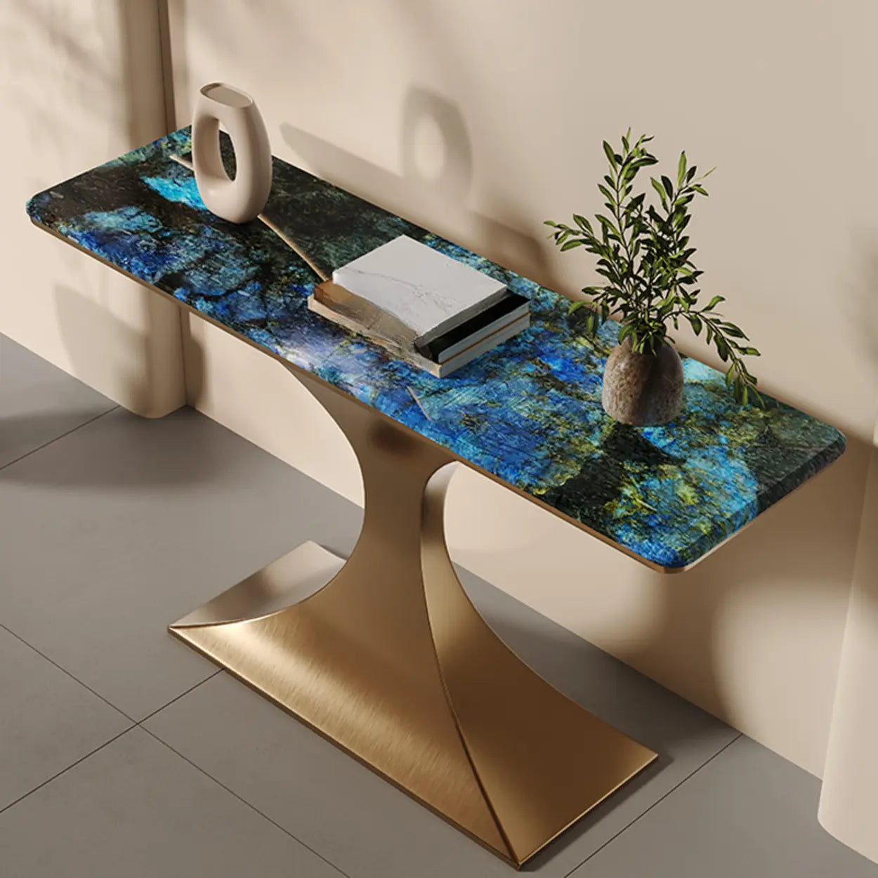 Blue-Gold Curved Base Marble Top Console Table — Black
