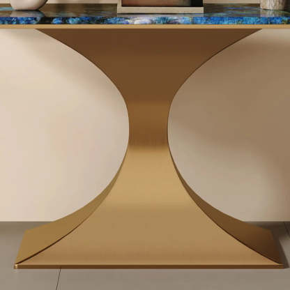 Blue-Gold Curved Base Marble Top Console Table — Gold