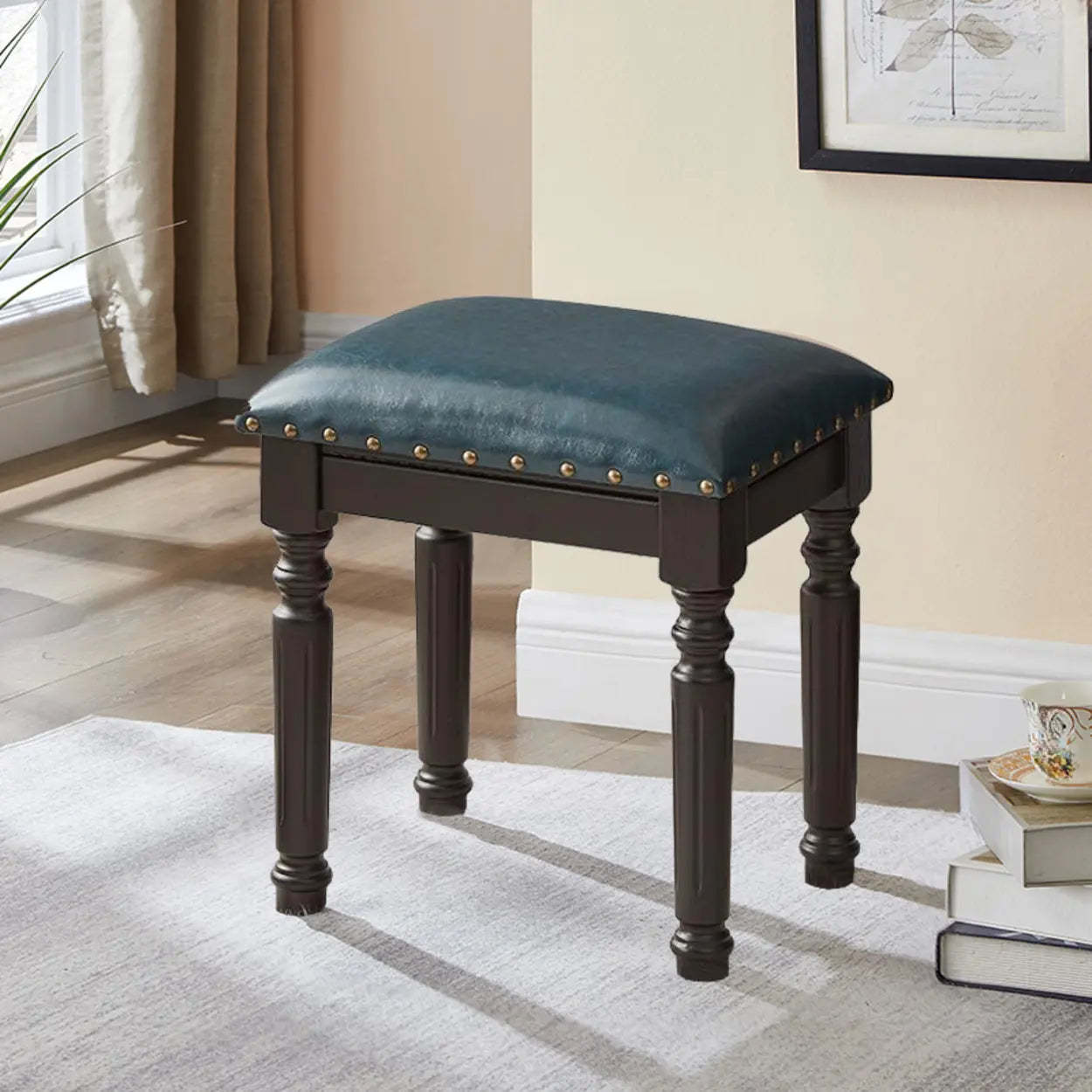 Blue Wood Upholstered Accent Vanity Stool — White
