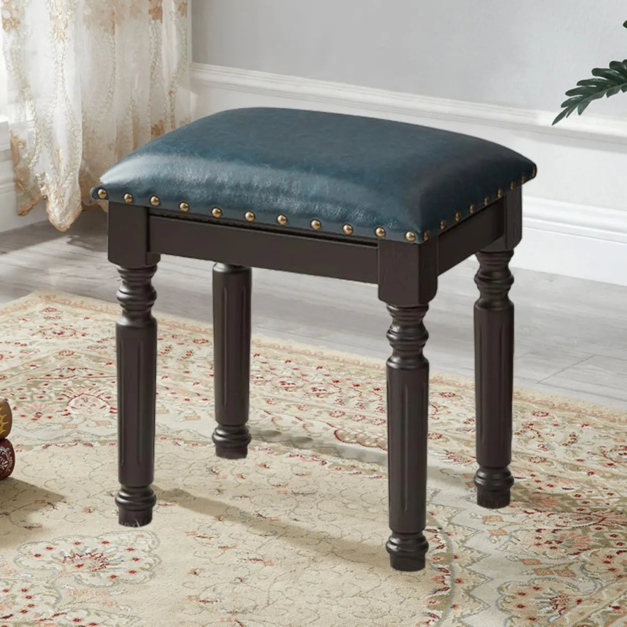Blue Wood Upholstered Accent Vanity Stool
