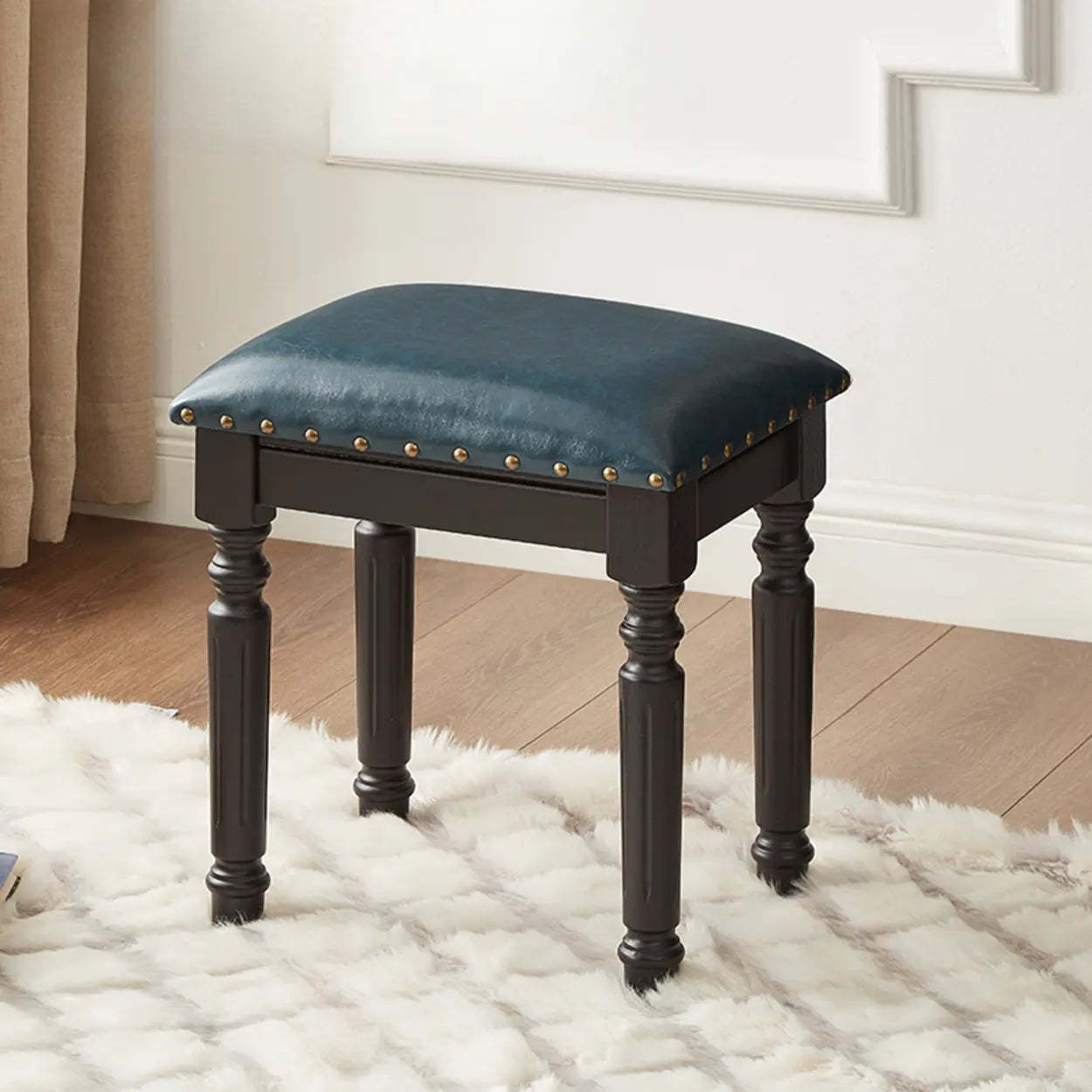 Blue Wood Upholstered Accent Vanity Stool