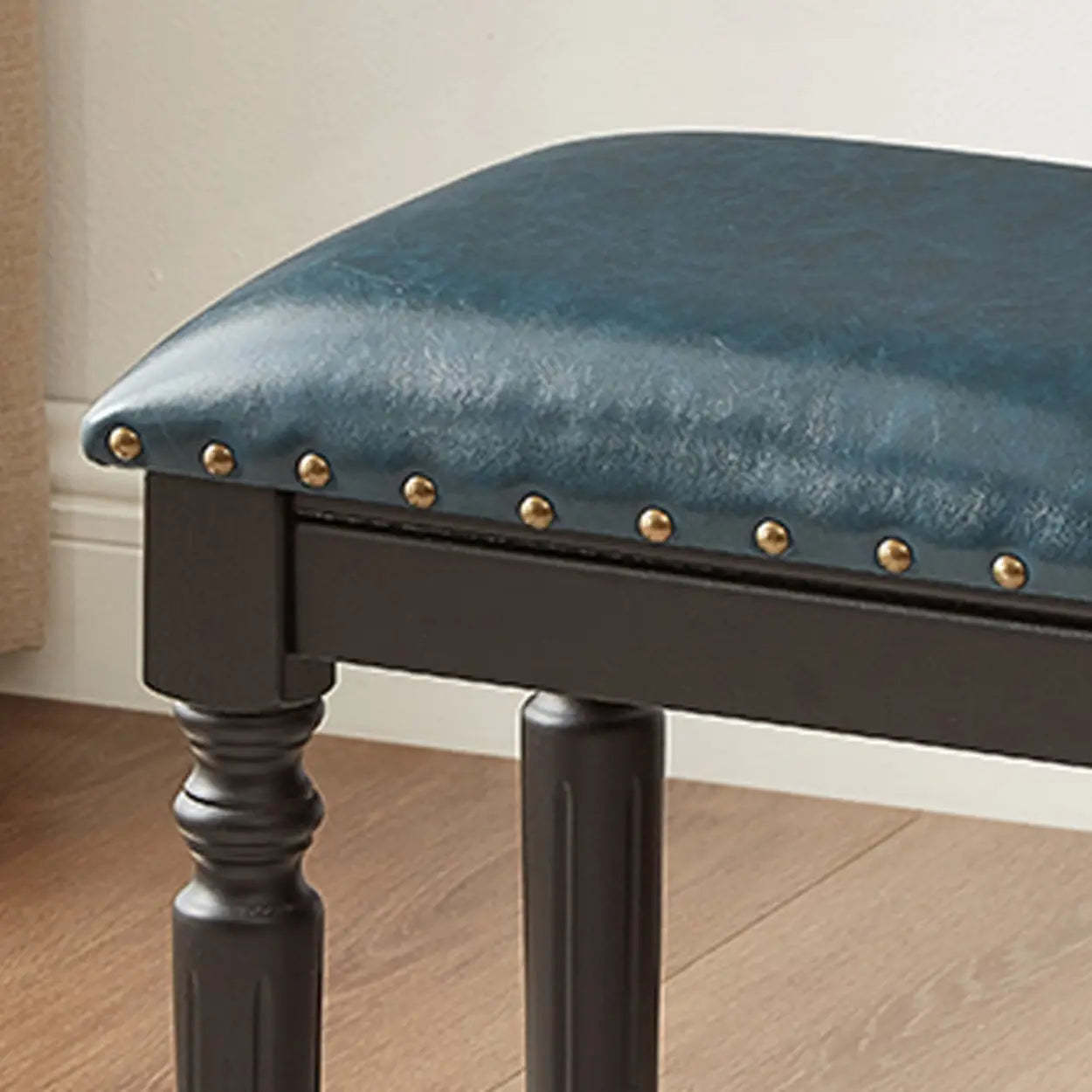 Blue Wood Upholstered Accent Vanity Stool