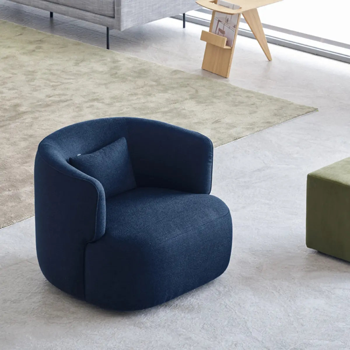 Blue Scratch-Resistant Flannel Recessed-Arm Barrel Chair