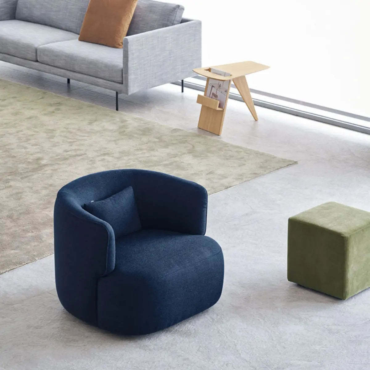 Blue Scratch-Resistant Flannel Recessed-Arm Barrel Chair