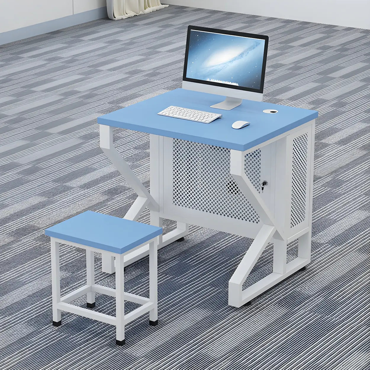 Blue Wood Square Sled Computer Desk with Cable Management — Natural Finish / Table Only