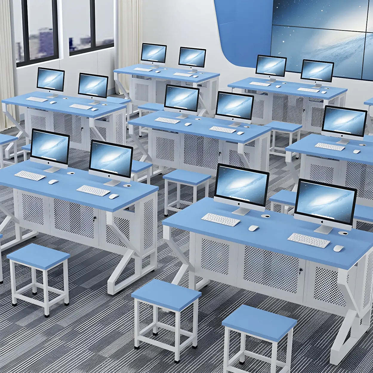 Blue Wood Square Sled Computer Desk with Cable Management