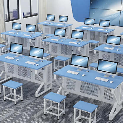 Blue Wood Square Sled Computer Desk with Cable Management