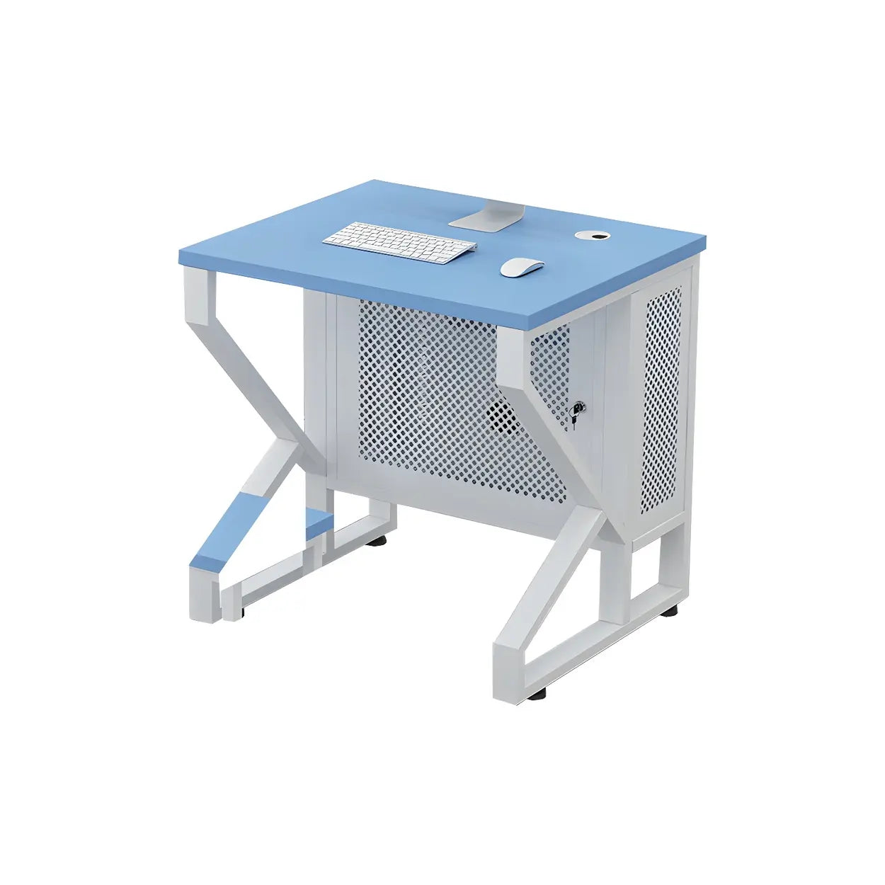 Blue Wood Square Sled Computer Desk with Cable Management — Natural Finish / Table Only