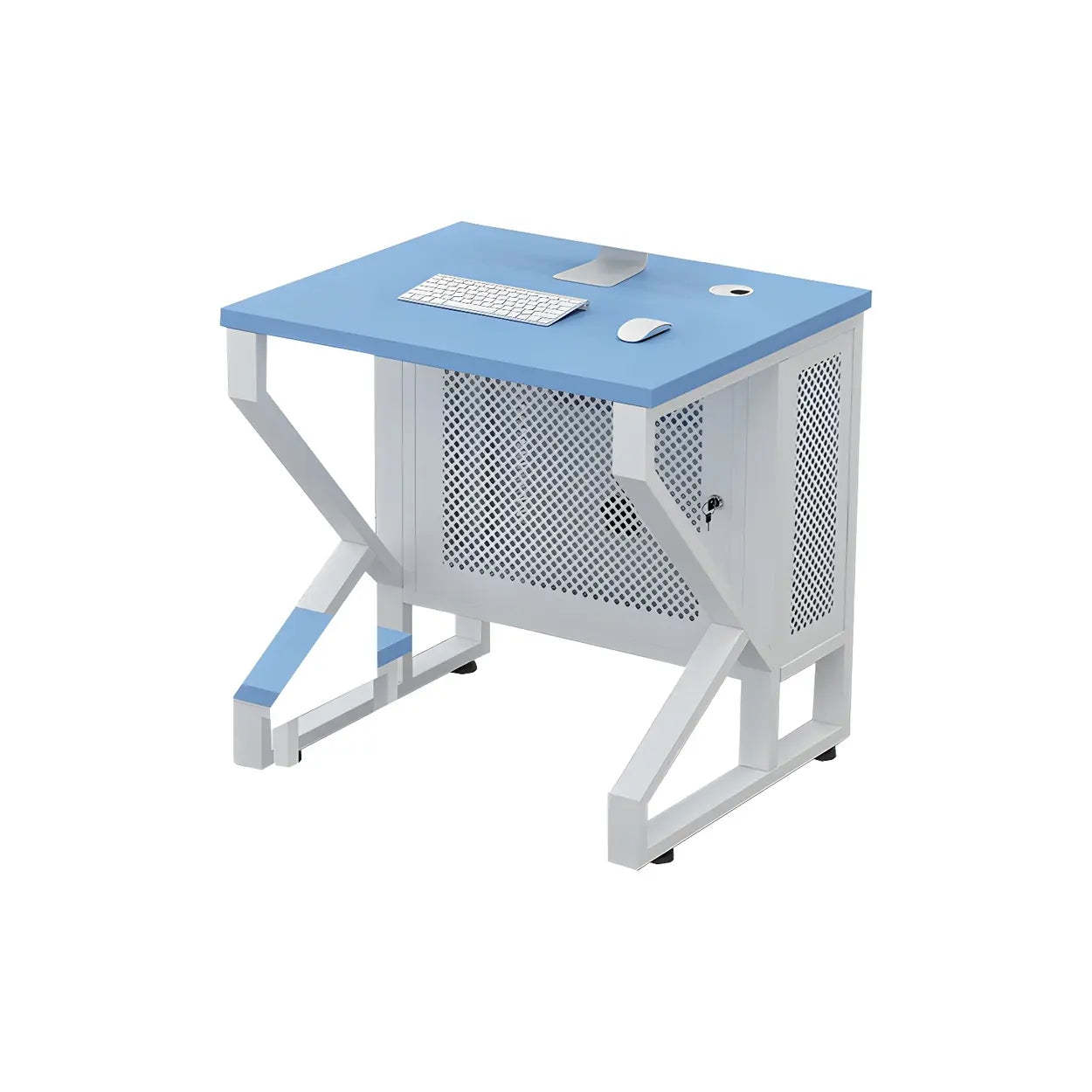 Blue Wood Square Sled Computer Desk with Cable Management — Natural Finish / Table Only