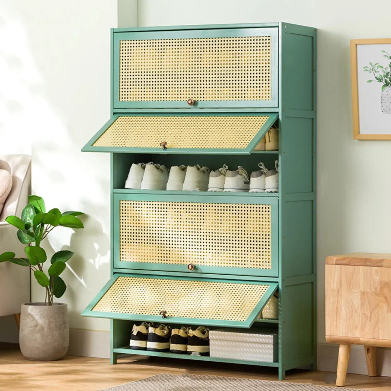 Bohemian Rattan Metal Entryway Green Drop-Front Shoe Storage