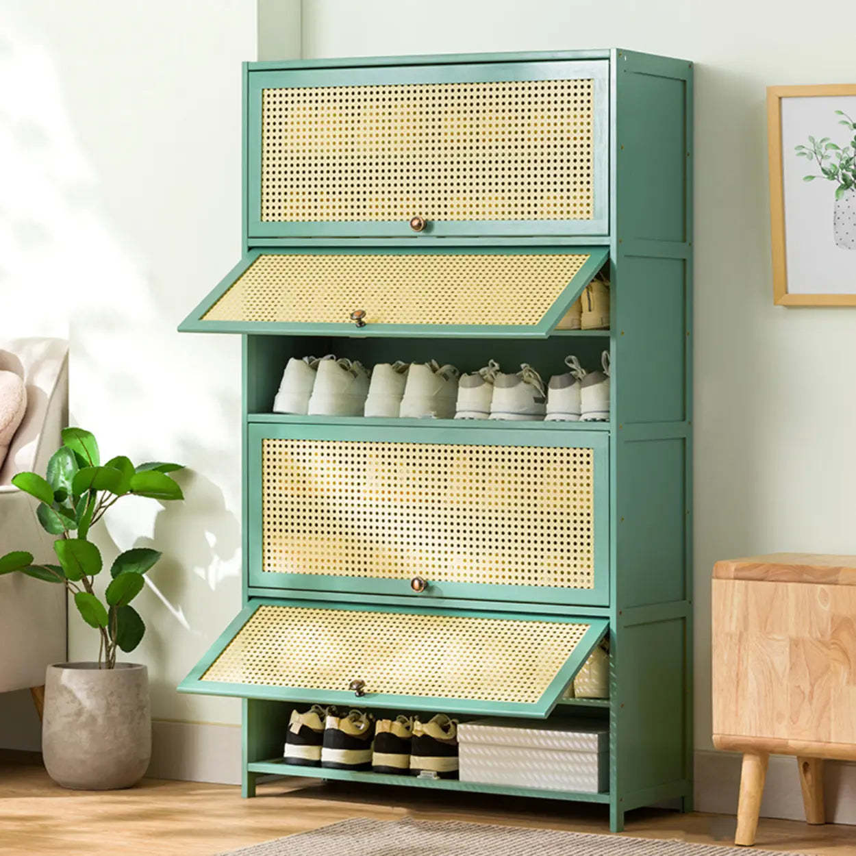 Bohemian Rattan Metal Entryway Green Drop-Front Shoe Storage