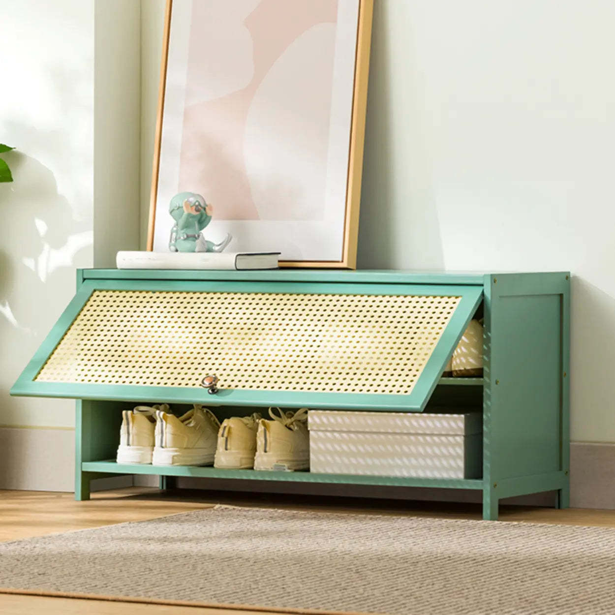 Bohemian Rattan Metal Entryway Green Drop-Front Shoe Storage