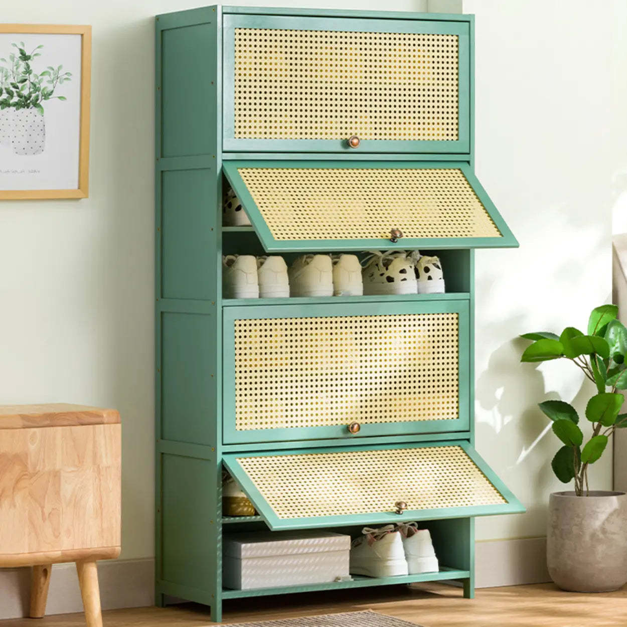 Rustic drop-front bohemian green shoe storage